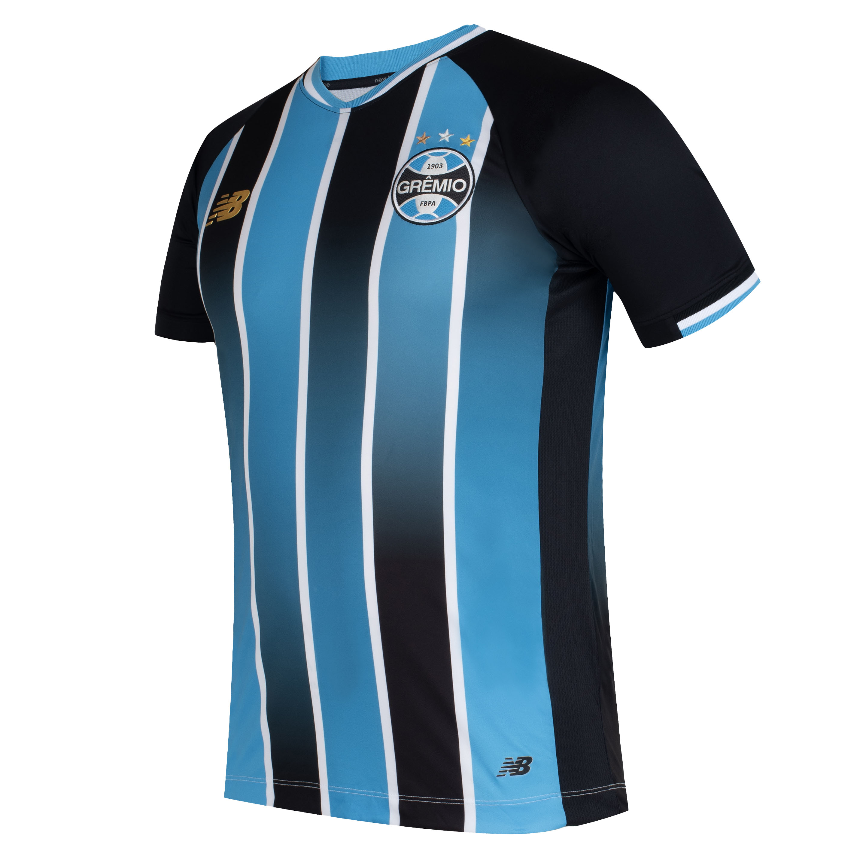 Camisa masculina Grêmio 2026 New Balance azul vista lateral com detalhes do escudo bordado